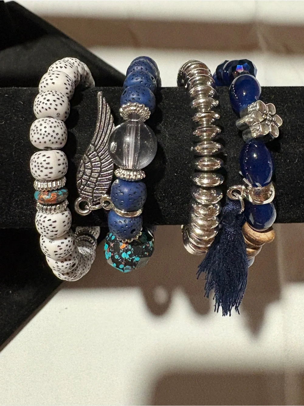 Blue & White Boho Bracelet Stack Set | Silver Angel Wing & Love You Charm | Laye